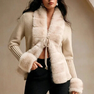 Khaki Casual Women's Elegant Faux Fur Knitted Cardigan Sweater